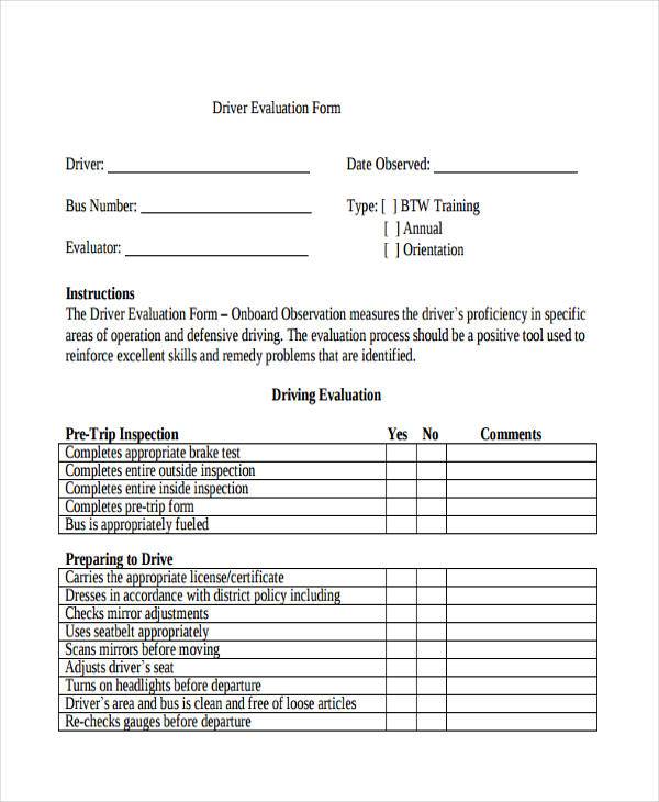 Printable Driver Evaluation Road Test Form Printable Forms Free Online