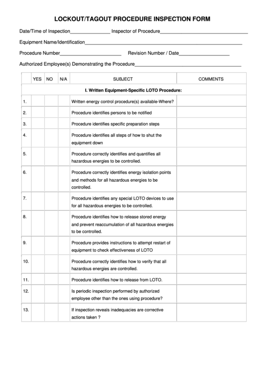 Printable Lockout Tagout Forms