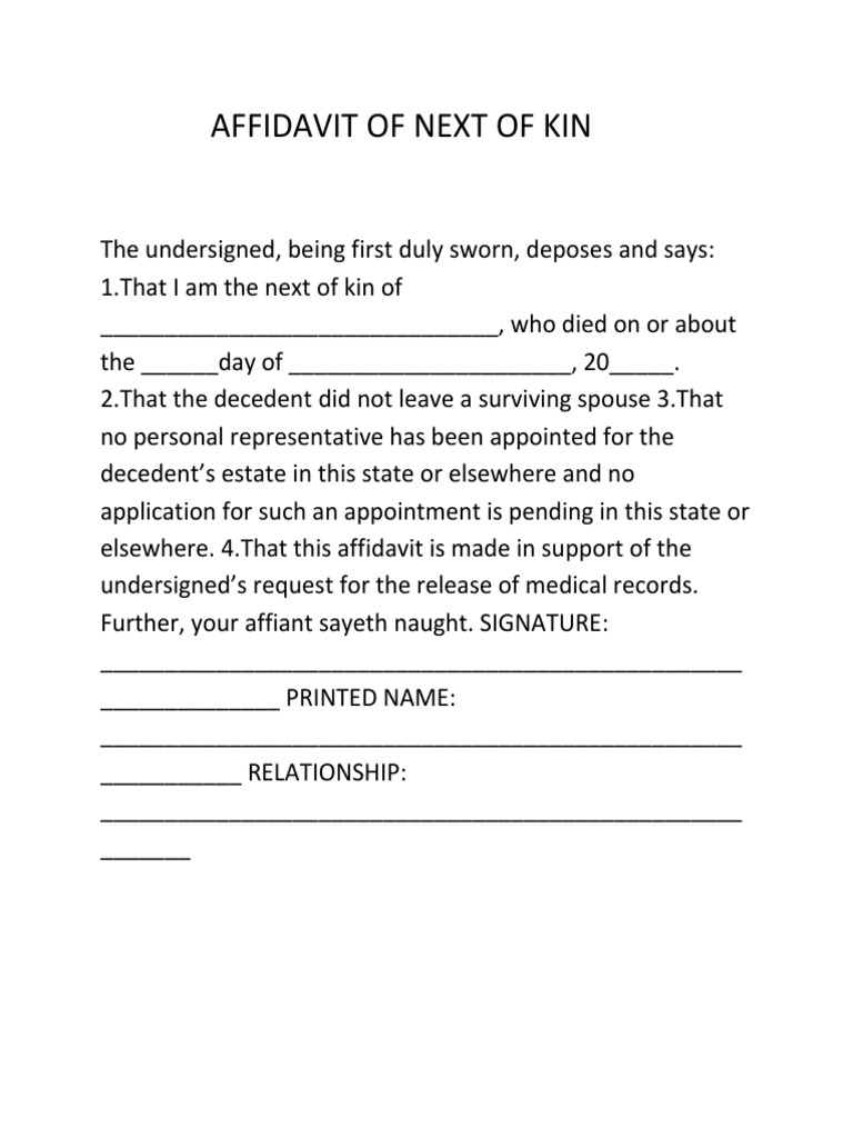 Printable Next Of Kin Affidavit Forms