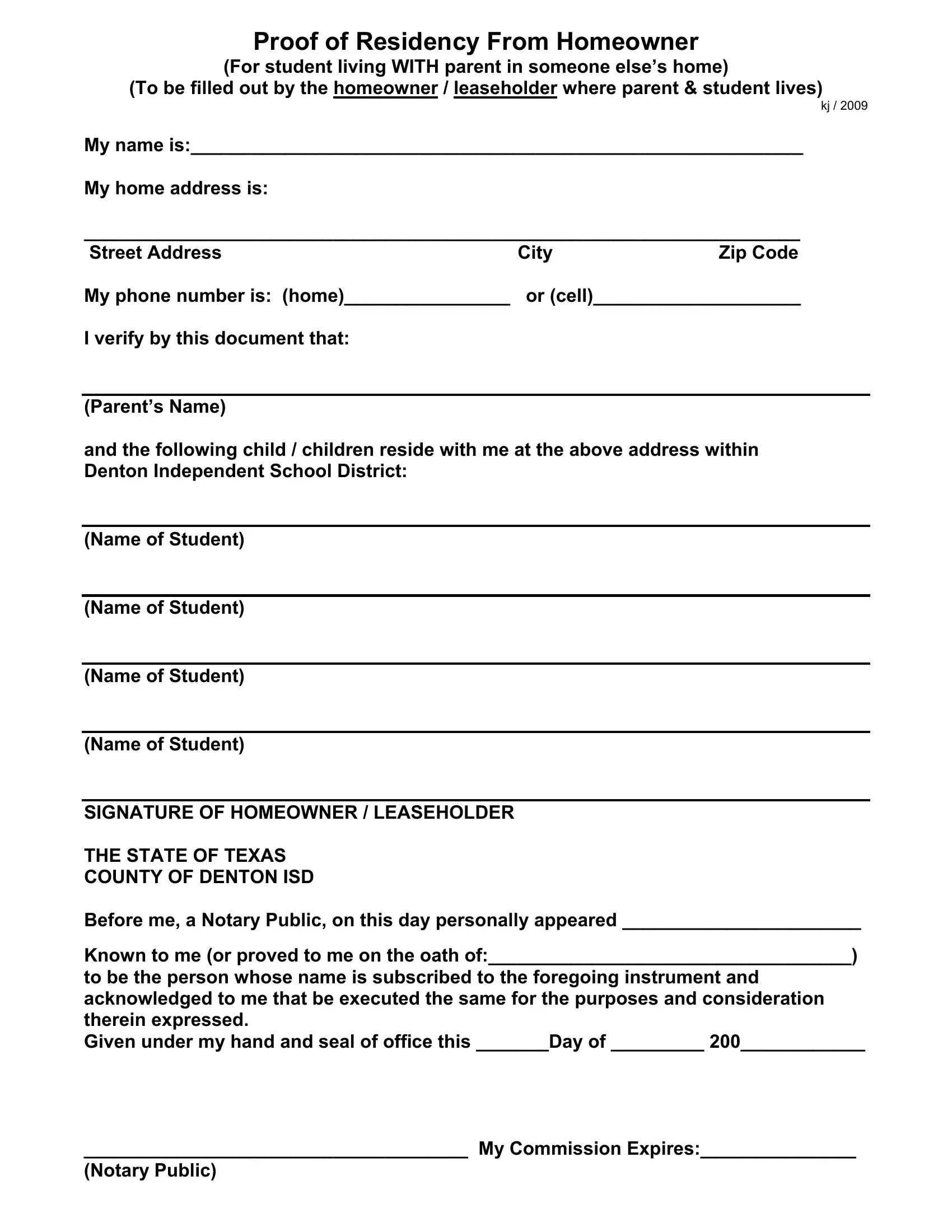 Proof Of Residency From Homeowner Pdf Form Formspal