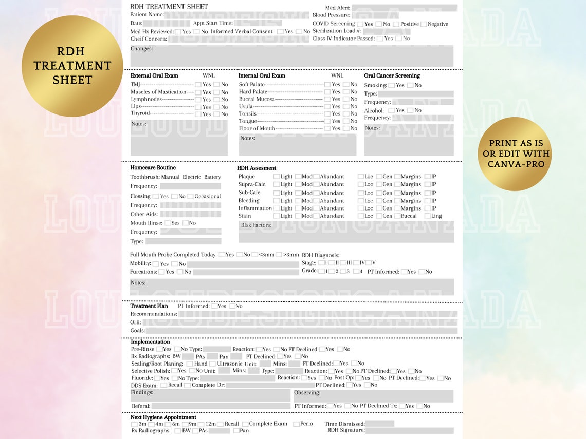 Rdh Documentation Hygiene Treatment Sheet Dental Treatment Notes Rdh