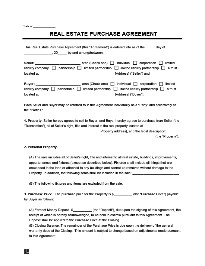 Real Estate Purchase Agreement Form Legal Templates