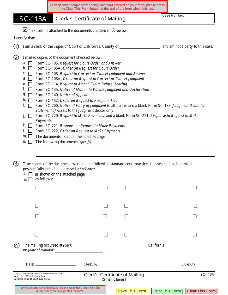 Sc 113A Clerk S Certificate Of Mailing Free Download