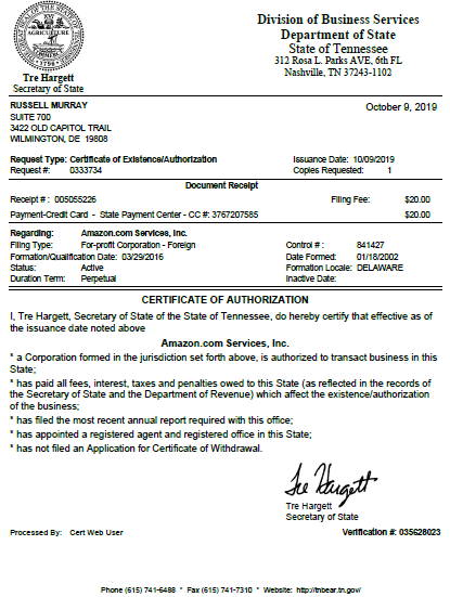 Tennessee Certificate Of Good Standing Dbi Global Filings Llc Dbi