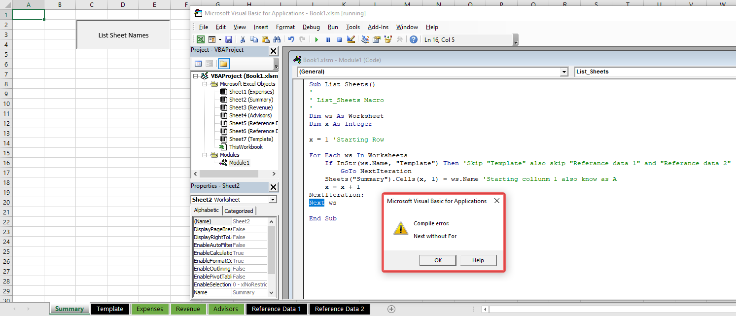 Vba List Sheet Names In Excel While Skipping The Unwanted Sheets Stack Overflow