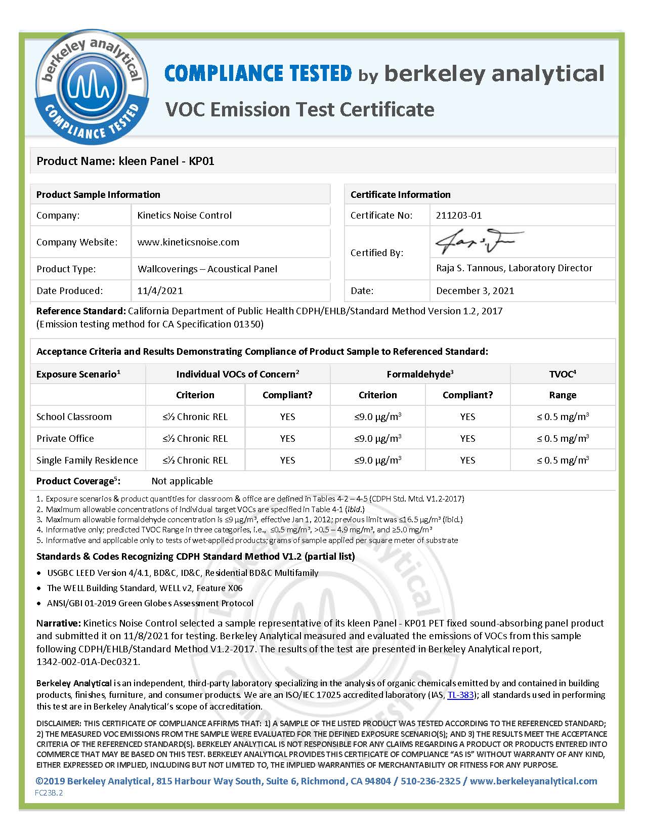 Voc Emission Certificates Reports Kinetics Noise Control Manufacturer