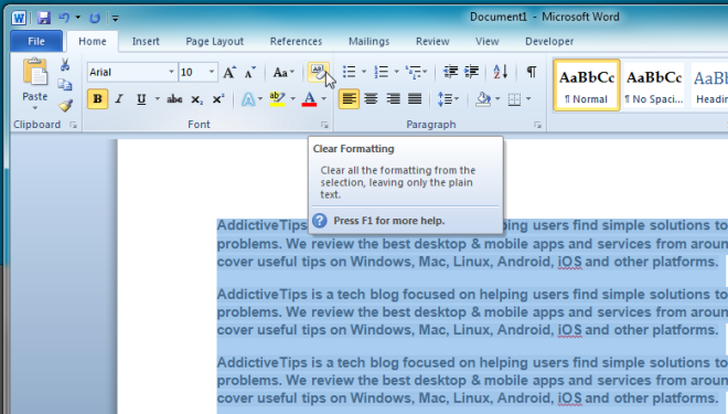 Word 2010 Quickly Remove Formatting Amp Styles